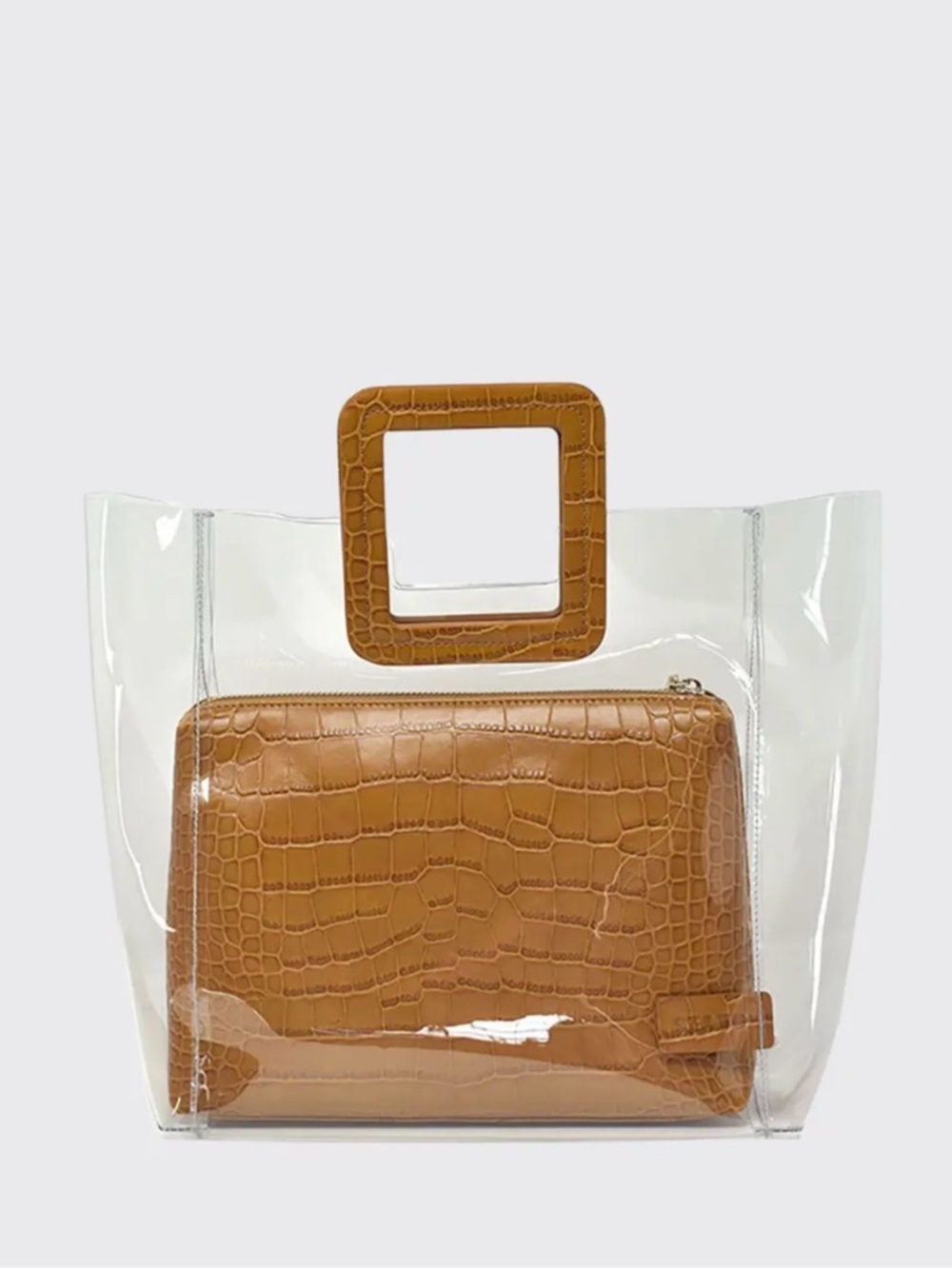 STAUD Shirley Clear Tote with Tan Croc-Embossed Pouch